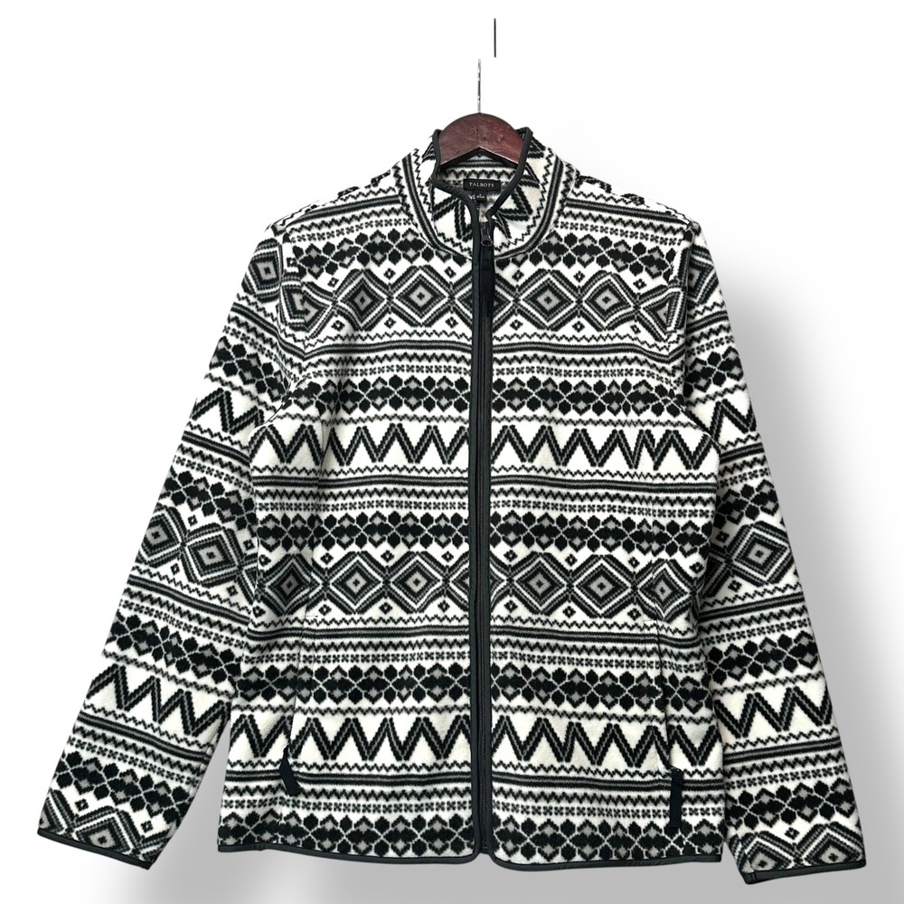 Talbots Women Black White Fair Isle Fleece Zip Jacket L Nordic Skiwear Wintercre - Picture 2 of 7